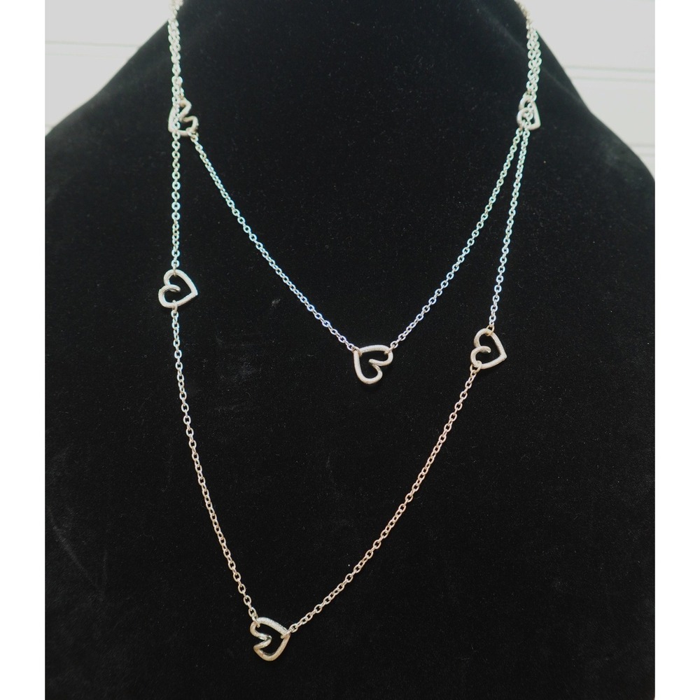 Extra Long Heart Necklace Silver Tone Textured Charms 44 inch Station Chain